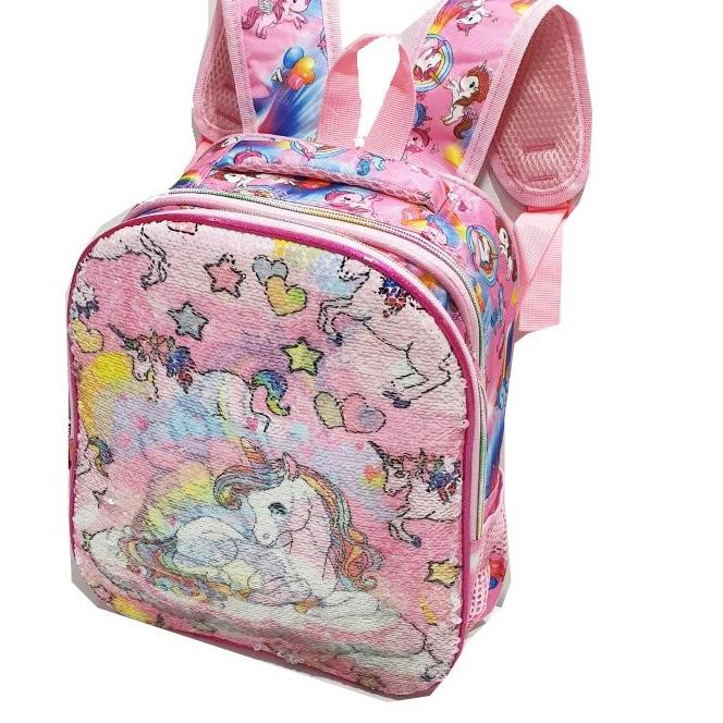PROMO TAS Anak Sekolah TK - Ransel Sequin USAP Berubah Gambar Kuda UNICORN Lolipop Pink Muda