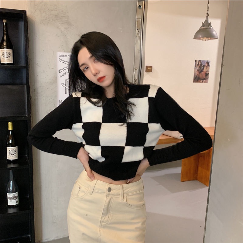 rajut crop top kotak kotak lengan panjang atasan import sweater korea