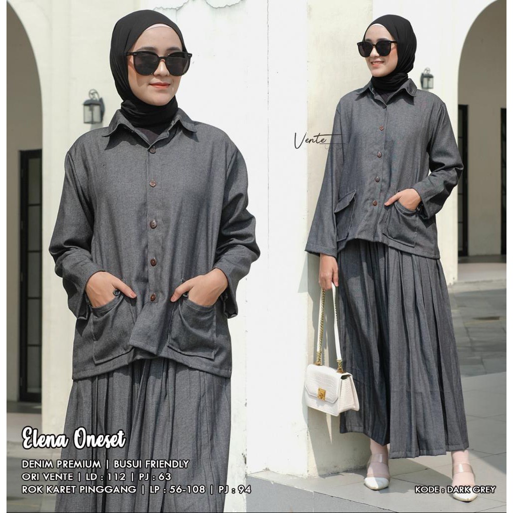 Setelan Muslim Wanita Elena One Set Jumbo Denim Premium Rok Jeans LD 110 Ori by Vente Daily