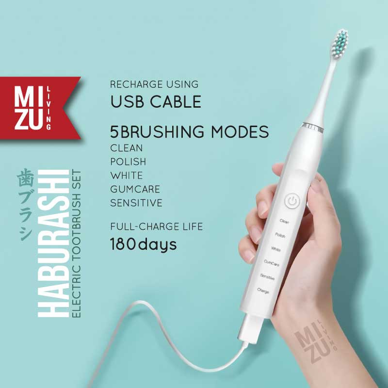 MIZU HABURASHI Electric Toothbrush Set Sonic Vibration Sikat Gigi Elektrik Dewasa USB RECHARGEABLE