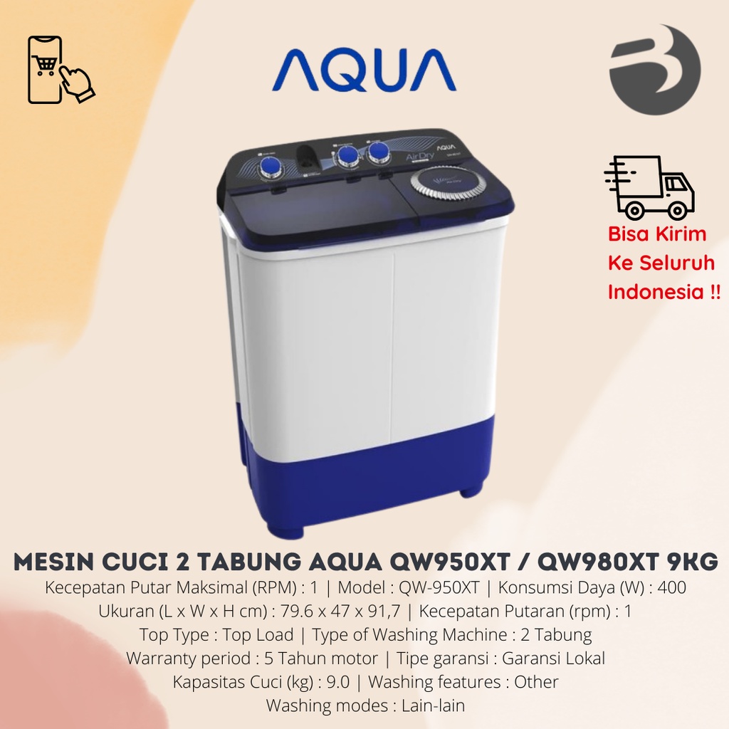 MESIN CUCI 2 TABUNG AQUA QW950XT / QW980XT 9KG