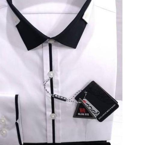 ☪ Kemeja Boss Putih Slimfit Kombinasi Lis Kerah Lengan Panjang ♖