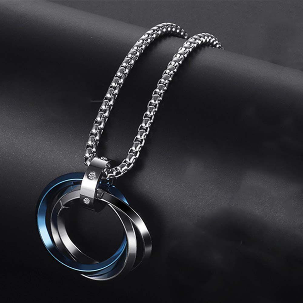 Nanas Kalung Baja Titanium Pria Baru Paduan Rantai Perhiasan Aksesoris Stainless Steel Spiral Kolom Punk Kalung Tiga Cincin Liontin Pendant Necklaces