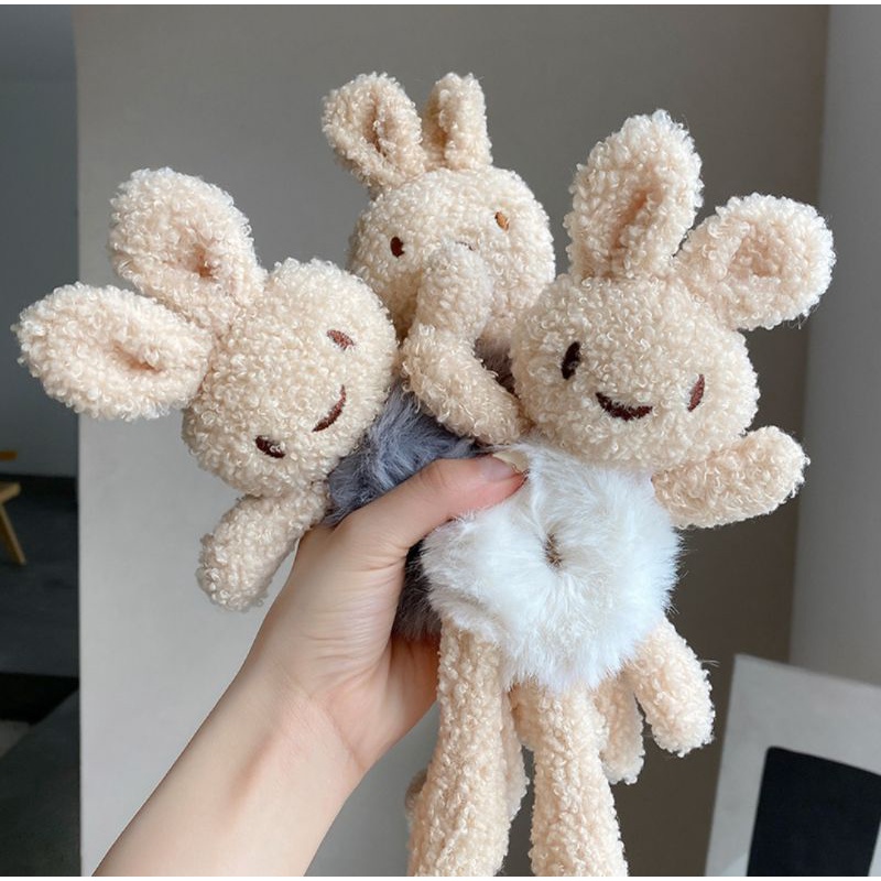 Ikat Rambut Scurnchie Boneka Beruang Scrunchie Bulu Korea Plush Bear Fluffy Faux Fur Ball Scrunchies Rabbit