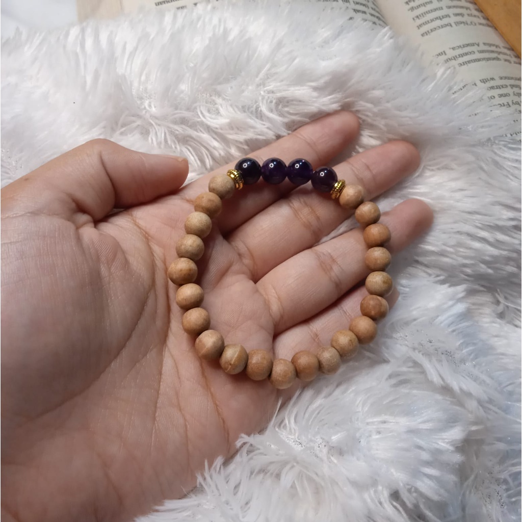 Gelang Batu Original Handmade Kayu Cendana Kombinasi Batu Alam Amethys