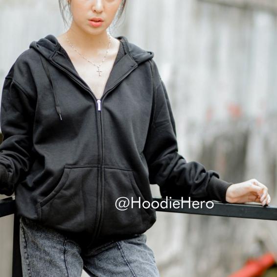 JAKET HOODIE ZIPPER HITAM WANITA POLOS - M