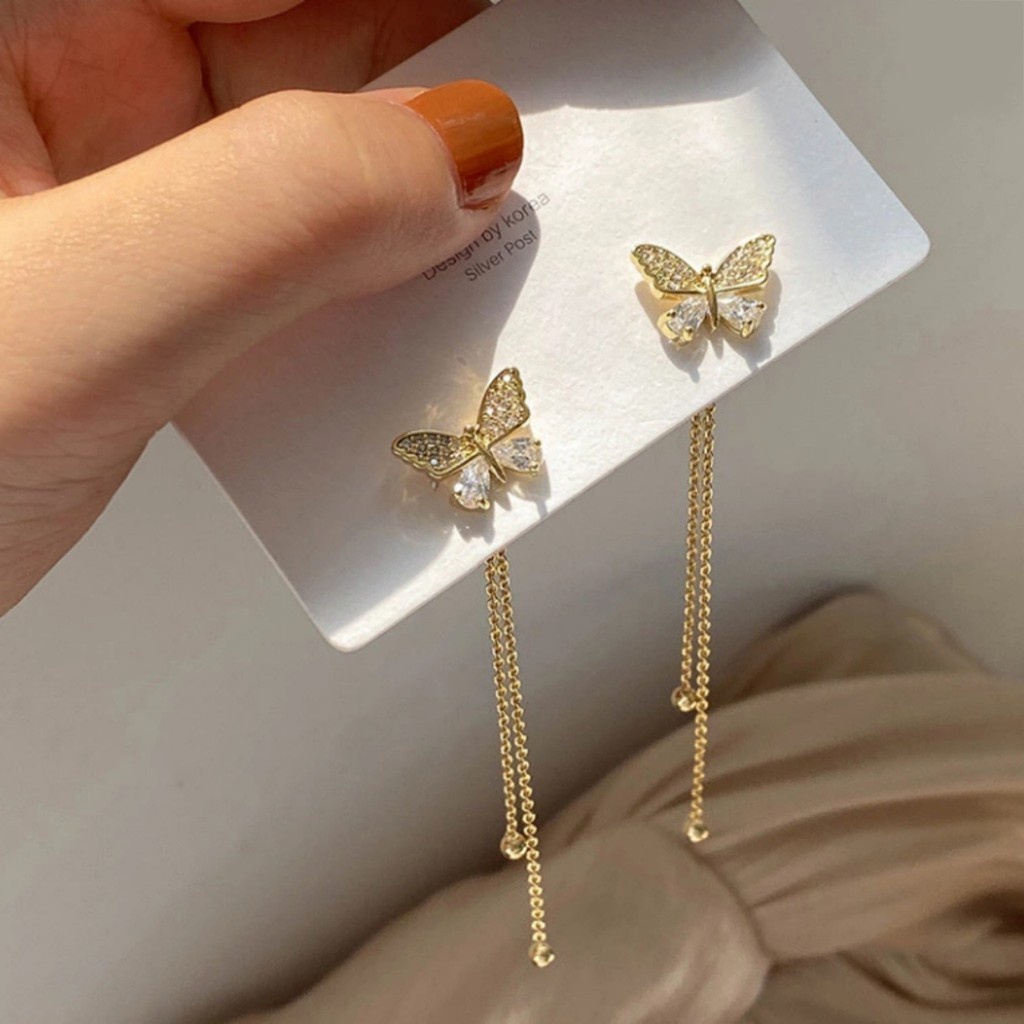 [Women Korean Long Tassel Butterfly Rhinestone Sweet Stud Earrings] [Girls Elegant Temperament Butterfly Hanging Earrings] [INS Simple Style Bridal Wedding Party Ear Jewelry Gifts]