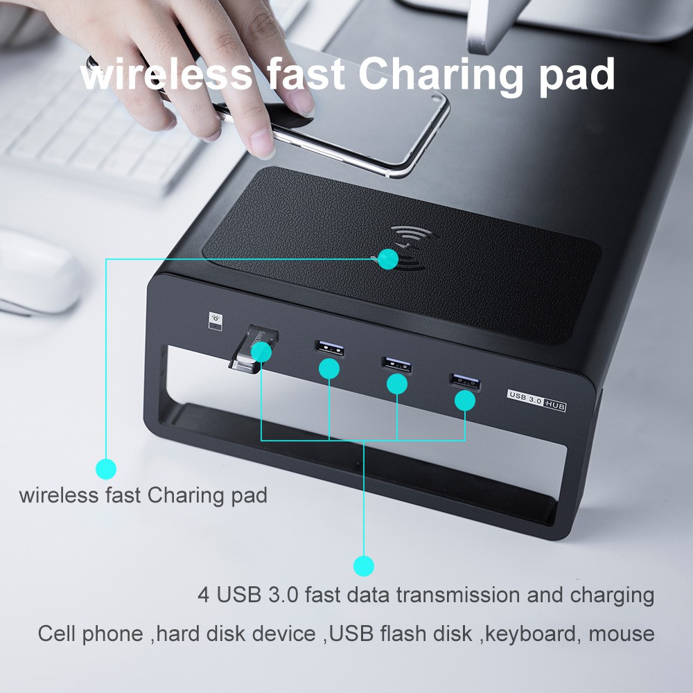 Meja Keren/ Meja Pintar / Meja PC / Meja Monitor Stand Riser Aluminium 4 Port USB 3.0 + Wireless Charging