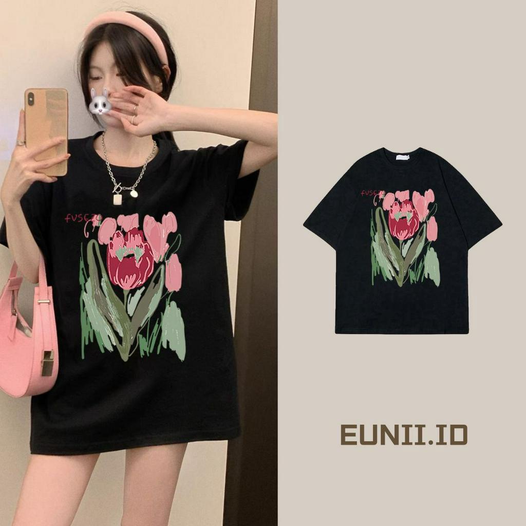 EUNII T-shirt Lengan Pendek Cartoon Oil Painting Flowers Korean Style/Kaos Atasan Wanita/Baju Kaus Oversize Wanita/Kaos Wanita