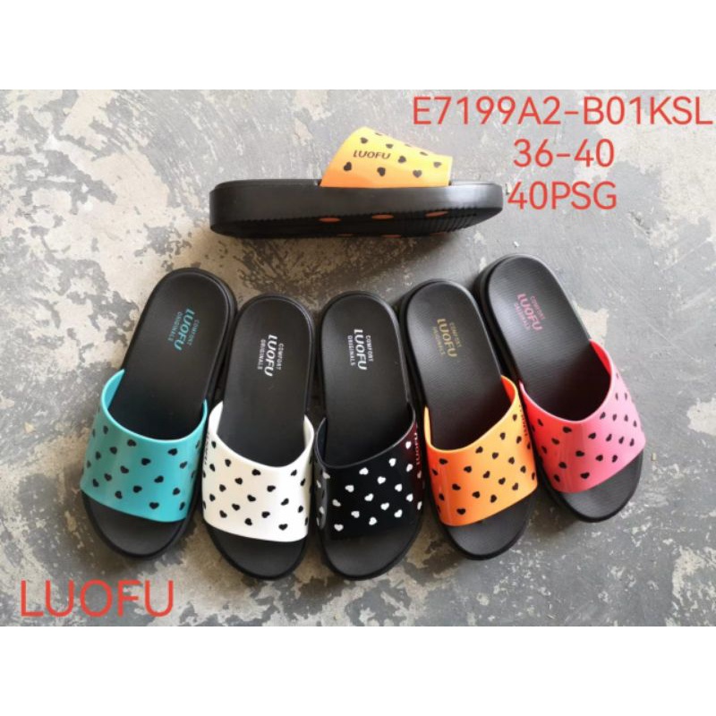 Terbaru Luofu E 7199 A2-B01 KSL Sandal selop Karet wanita empuk nyaman kekinia Sandal import wadges Perempuan motif polkadot love