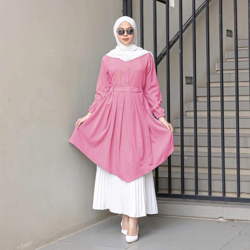 Baju Gamis Wanita Muslim Terbaru Sandira Dress cantik Murah kekinian GMS01-TUNIK DUSTY PINK