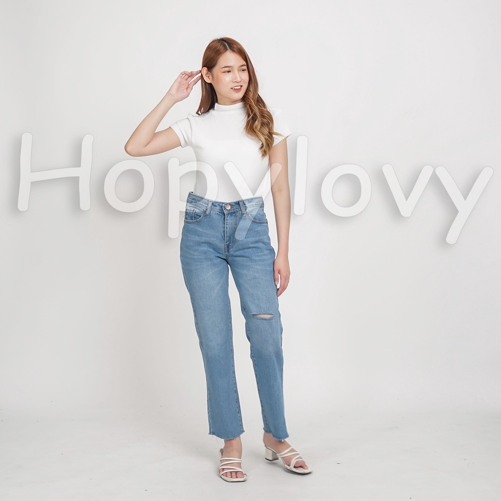 HOPYLOVY Celana Boyfriend Jeans Wanita Highwaist Jeans Sobek Unfinished Mirlanda