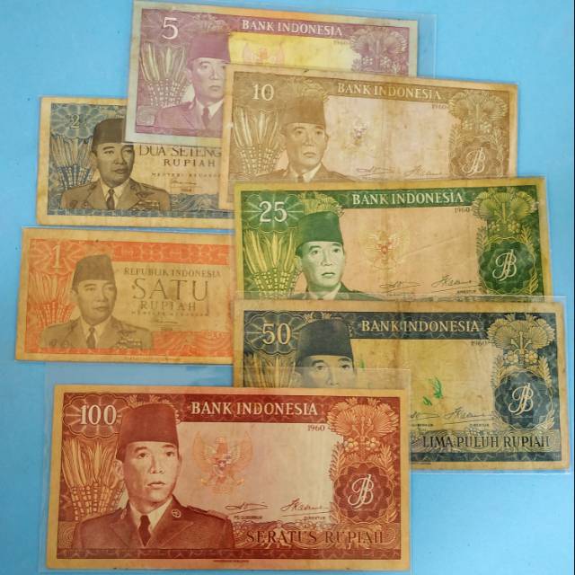 Uang kuno kertas Rp. 1-100 gambar sukarno tahun 1960 ( rp 5, 10, 25, 50, 100 )& 1964 (rp 1 & 2 1/2)
