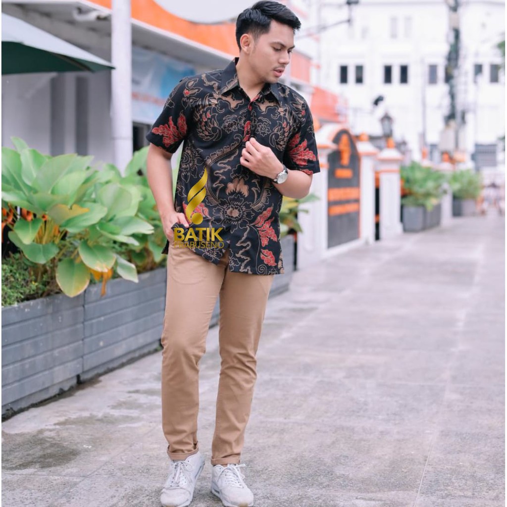 Prabowo pendek kemeja batik pria lengan kain atasan couple hem baju cowo cowok jumbo modern premium 