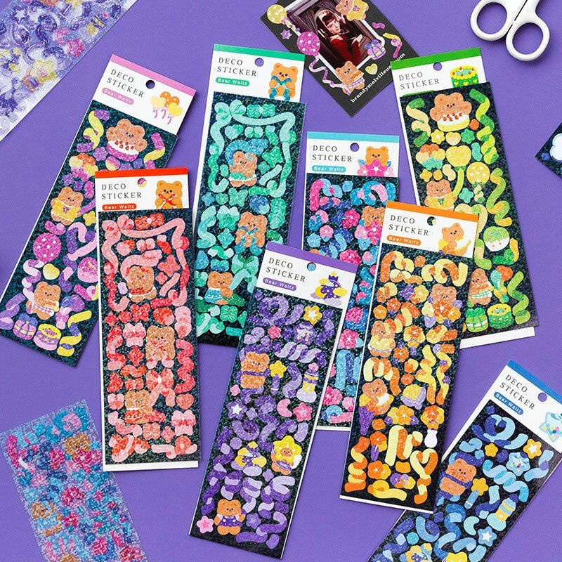 

[stuff.by.nez] 1 pcs Sticker confetti beruang glitter shining stiker ribbon pita cute bear deco dekorasi toploader jurnal binder photocard journaling journal