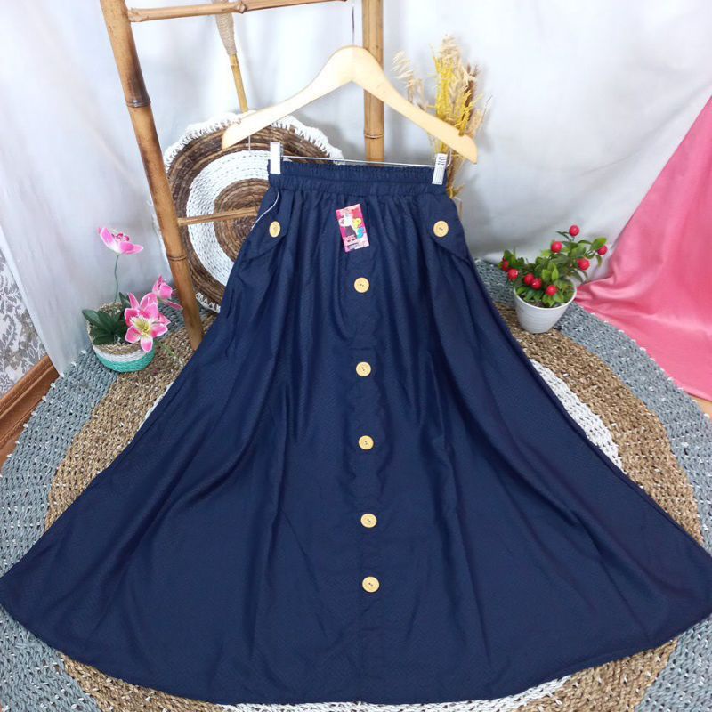 Rok Payung Panjang Muslim Kantor Wanita Jumbo Bahan Moscrape-Navy