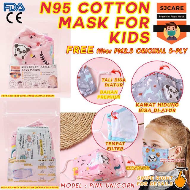 SJCare Masker Anak Premium Kids Katup Respirator FREE FILTER PM 2.5 - Pink Unicorn