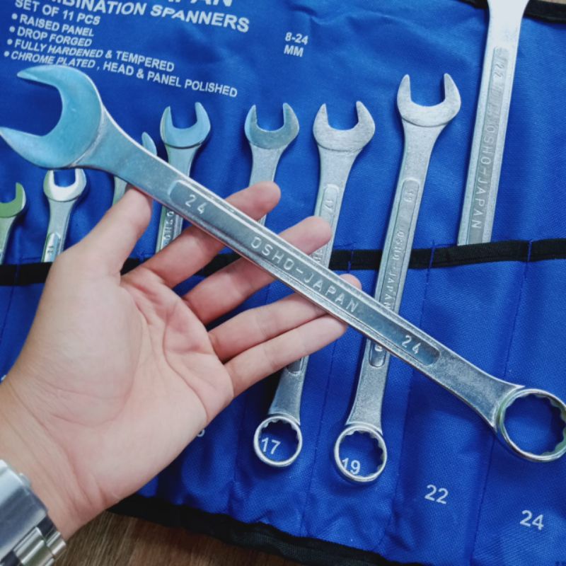 Kunci Ring Pas Kombinasi Set 11 Pcs 8-24 mm Asli OSHO JAPAN Combination Wrench Spanner Kit Size 8 10 11 12 13 14 15 17 19 22 24mm Bengkel Buka Pasang Baut Skrup Mur Tukang Kendaraan Mobil Sepeda Motor ORIGINAL-2