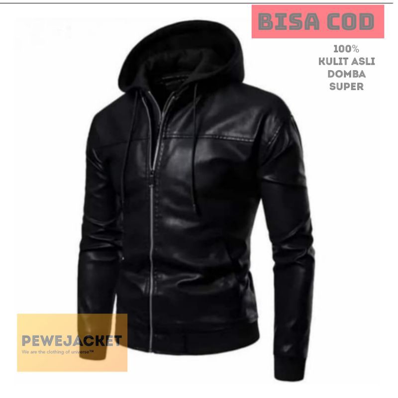 Jaket pria hoddie kulit asli domba super warna hitam