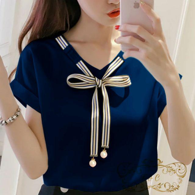 BISA COD - BLOUSE LAURA Blouse Korean Style Wanita Remaja Atasan Kaos Blouse Wanita Dewasa Lengan Pendek Bahan Balotelly-Navy