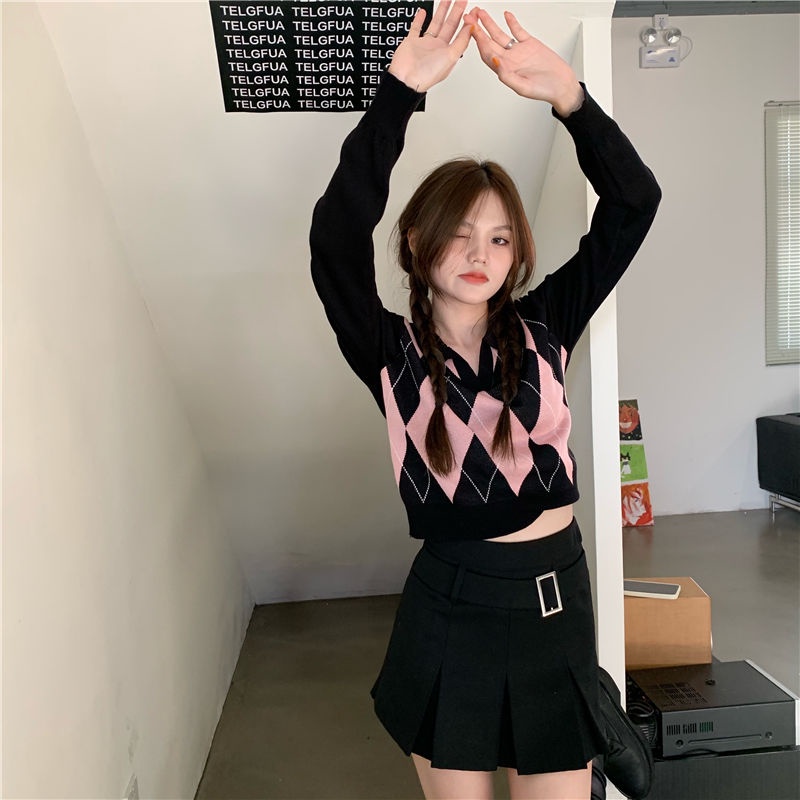 Rajut Premium Kotak Kotak Knitwear Crop Top Lengan Pajang Wanita