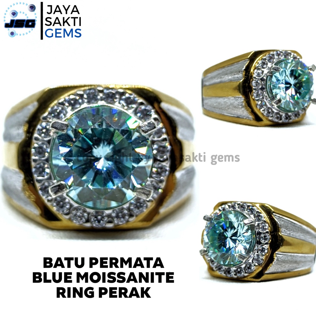 Batu Permata Blue Diamond Moissanite Ring Perak