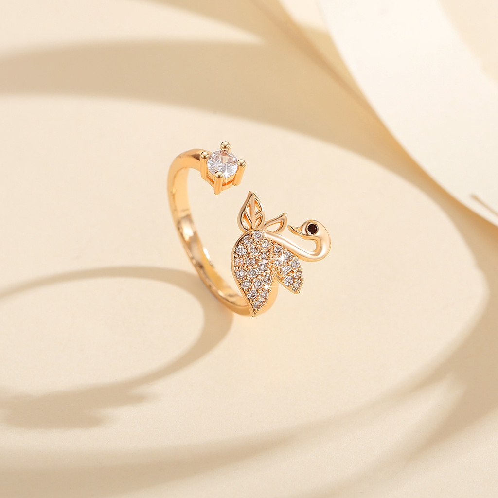 Y696 [COD✔] Cincin Swan Titanium Berlian Kristal Emas Fashion Wanita Perhiasan Rings Adjustable