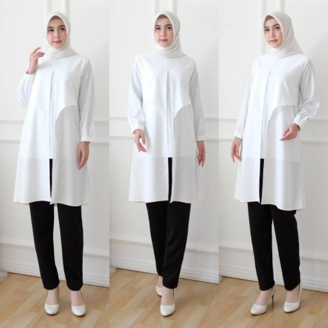 TUNIC ARISA WHITE M L XL Baju Atasan Wanita Muslim Terbaru Sesuai Gambar Kualitas oke Realpict Ori