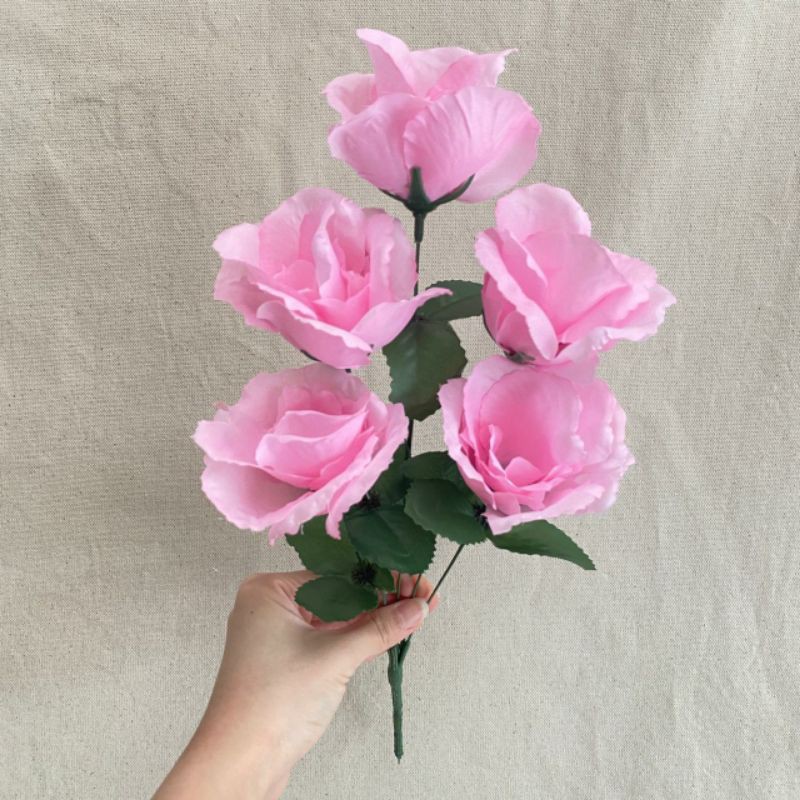 Bunga Mawar hias Rose Impor  FL X5 P:40cm (satuan) Bunga Artificial / Bunga Plastik / Bunga Dekorasi-Pink