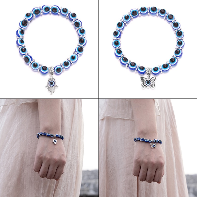 YEEZII Kalung Gelang Rantai Choker Manik-Manik Mata Iblis Warna Biru Gaya Retro Untuk Wanita