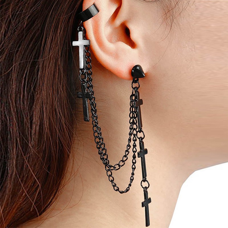 Cross chain tassel earrings ear clip earrings 1pcs