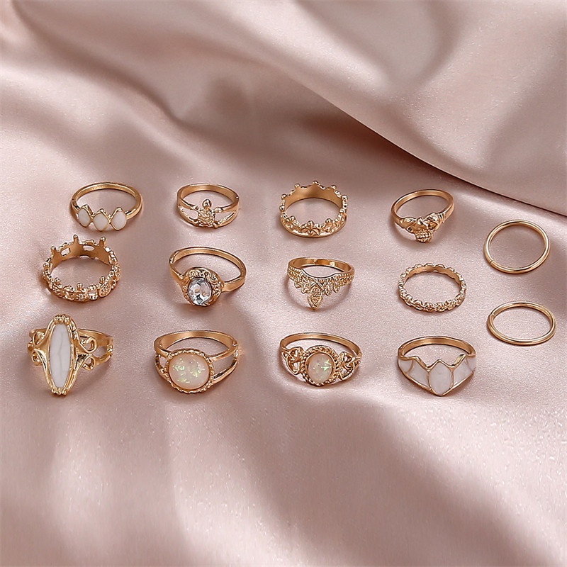 14pcs / Set Cincin Berlian Imitasi Amber Ukir Langit Berbintang Gaya Retro Untuk Wanita