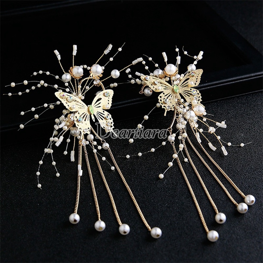 Bridal Jewelry Side Earhook Hair Accessories Golden Butterfly Tassel Jewelry Korean Style Wedding Dress Accessories