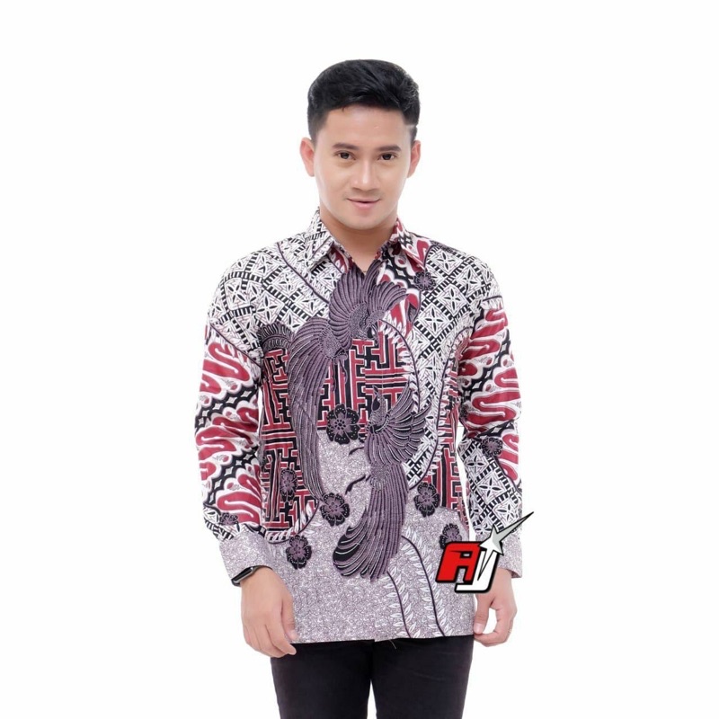 Batik Pria Lengan Panjang BATIK AZMIL HRB026 motif KERATONAN Kode 002 size M L XL XXL Reguler-Voxsay merah