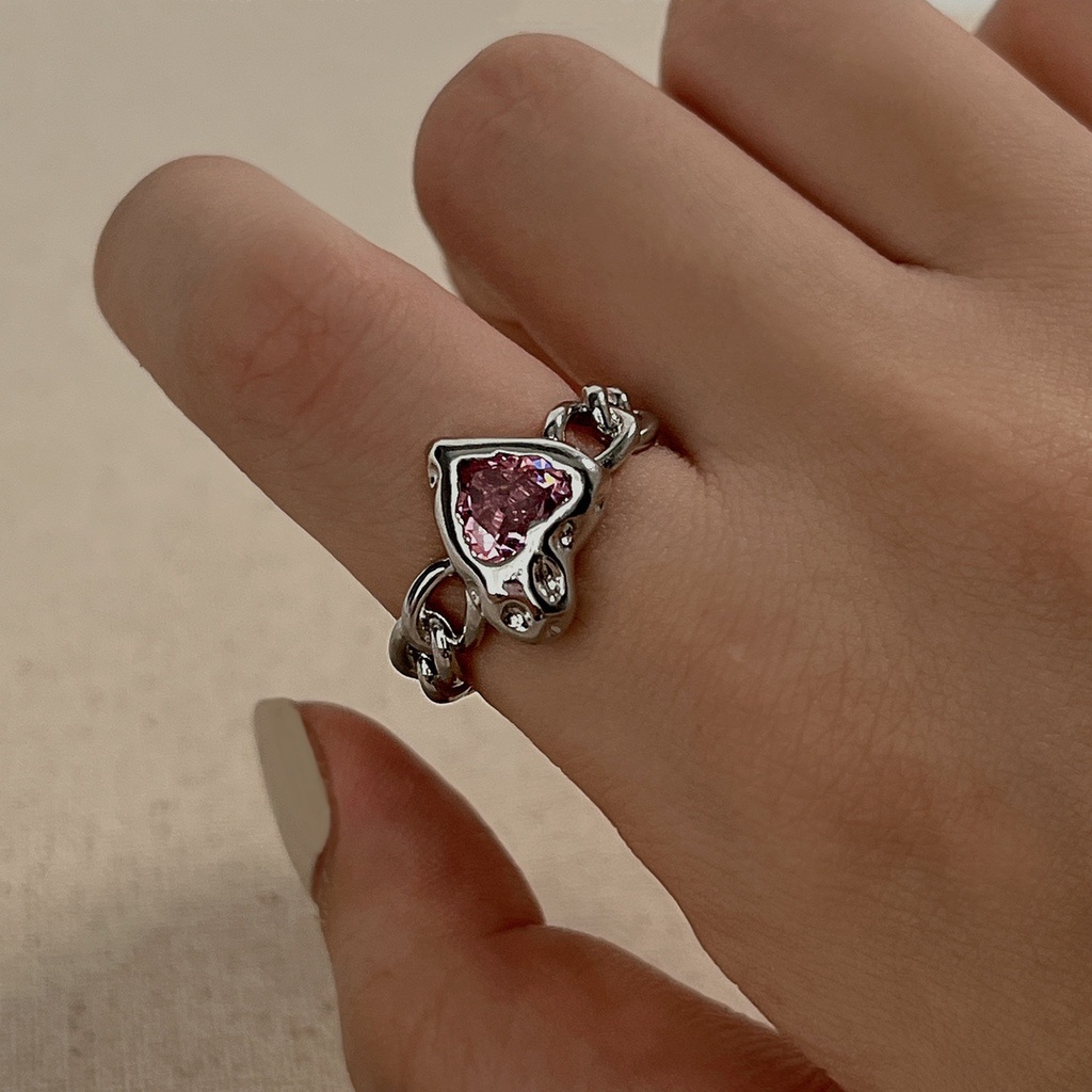 Cincin Model Terbuka Adjustable Bentuk Hati Aksen Zircon Warna Pink Gaya Hip Hop