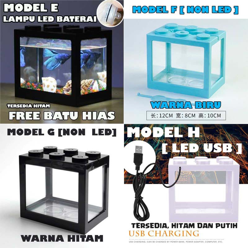 Akuarium Ikan Cupang Hias Akrilik Aquarium  Mini Bitte Acrylic Lego Block USB LED Baterai Batu Hias