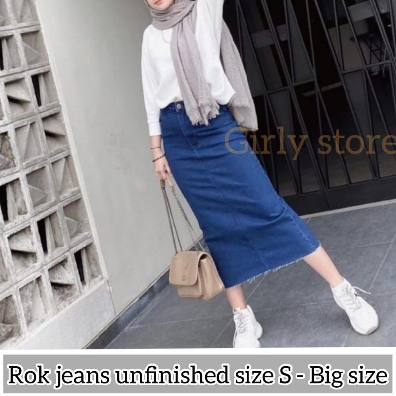 Rok jeans span midi unfinished | Midi skirt jeans unfinished 7/9 | YUKI SKIRT-Dark blue 801