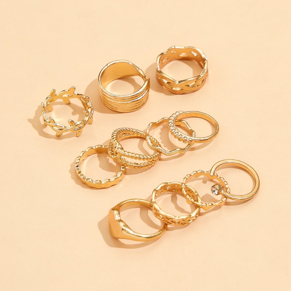 11pcs Personalized Fashion Love Leaf Vine Wave Joint Cincin Emas Set untuk Wanita