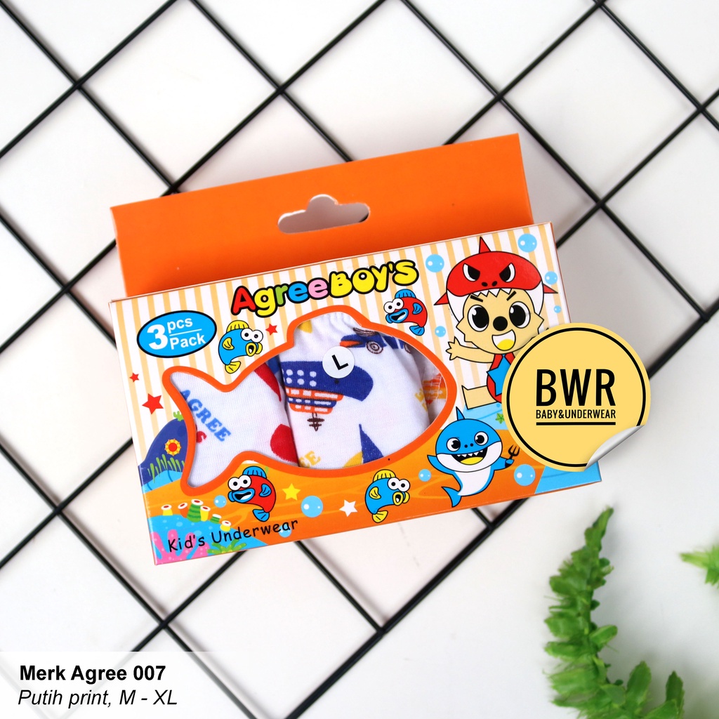 [ 3pc ] AGREE | CD Agree Kids 007 Putih Motif | Celana Dalam Anak Lembut Karet Kerut Box Orange