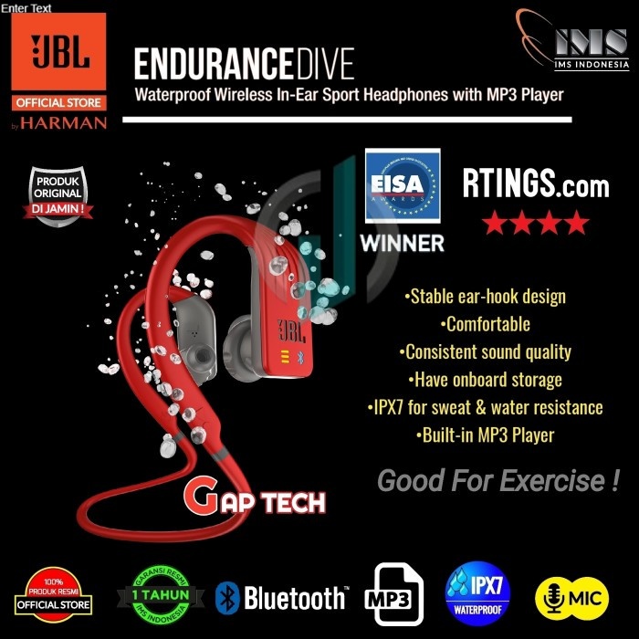 JBL ENDURANCE DIVE Waterproof Wireless Sport Earphones with MP3 Player - RED ORIGINAL
