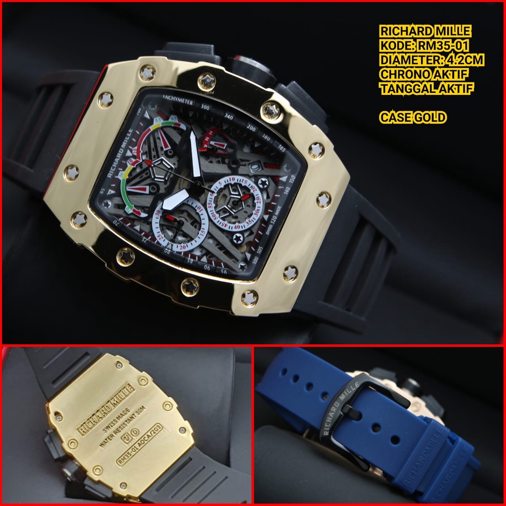 SUPER PREMIUM QUALITY - Jam Tangan Pria Analog Strap Rubber Case Gold Tanggal & Chrono Aktif + Kotak