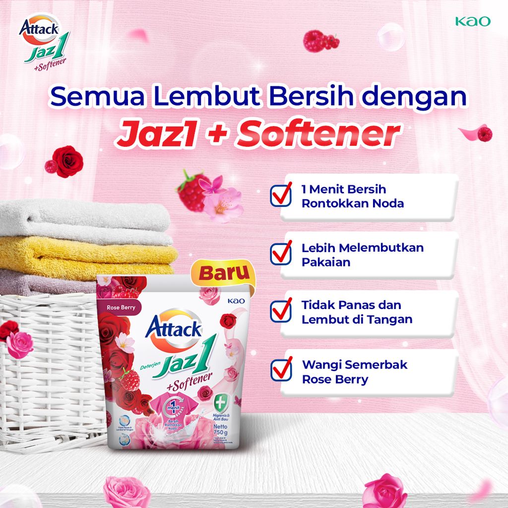 Attack Jaz1 Deterjen Bubuk + Softener Sabun Cuci Baju Rose Berry 750gr