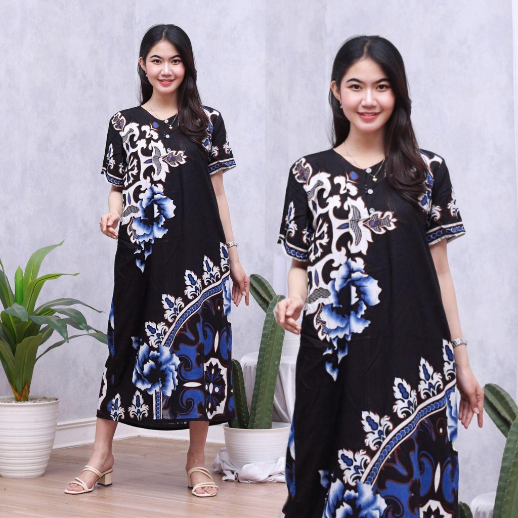 Daster Batik Lengan Pendek - Motif Daun - Leher Kancing (DPT001-133) Batik Prass-STELLA BIRU