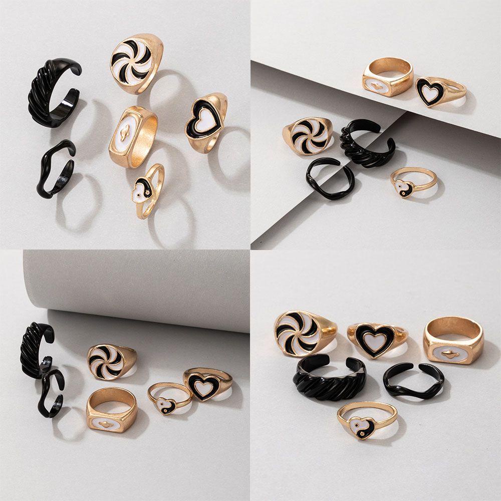 Nanas 6 Pcs Pembukaan Cincin Logam Pernikahan Pertunangan Fashion Wanita Bunga Cinta Hati Tai Chi Vintage Enamel Ring