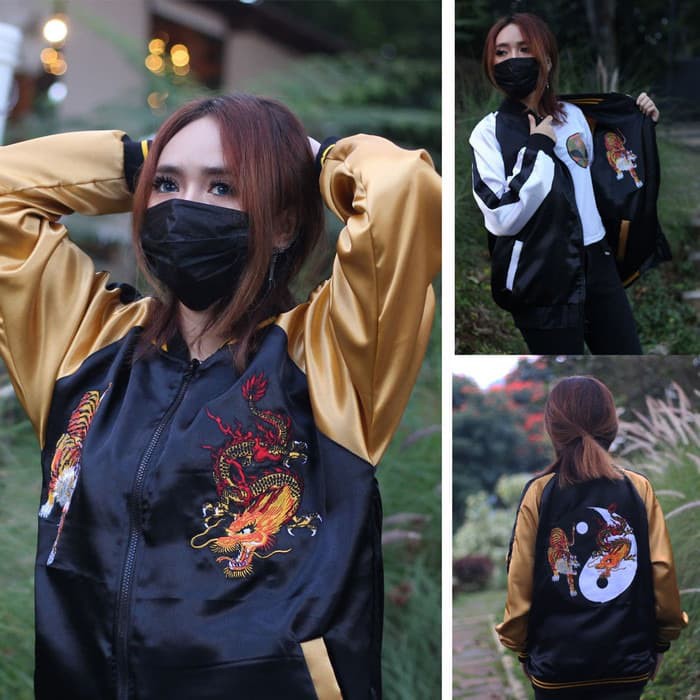 Jaket Sukajan Jepang Motif Naga Harimau Bordir Hitam Gold