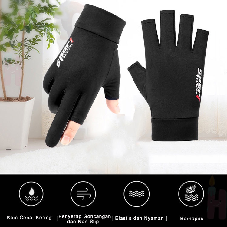 Sarung Tangan Motor Sepeda Pria Wanita Ice Silk Gloves Anti Slip Es Sutra Nyaman dan Bernapas Cewek Anti Air Touch Screen Setengah Jari Half Finger