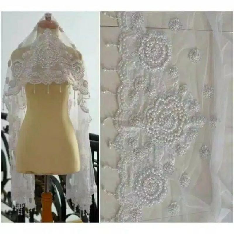 Slayer Pengantin / Hijab Pengantin / Veil Pengantin / Selendang Pengantin / Selendang Ibu Besan / Selendang Akad / Kerudung Bordir Mutiara-4