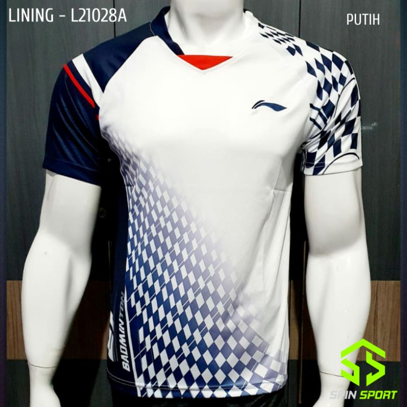 [L21028A Putih] Kaos Baju Lining Li-Ning Import Premium Badminton Bulutangkis Tenis Meja Pingpong La