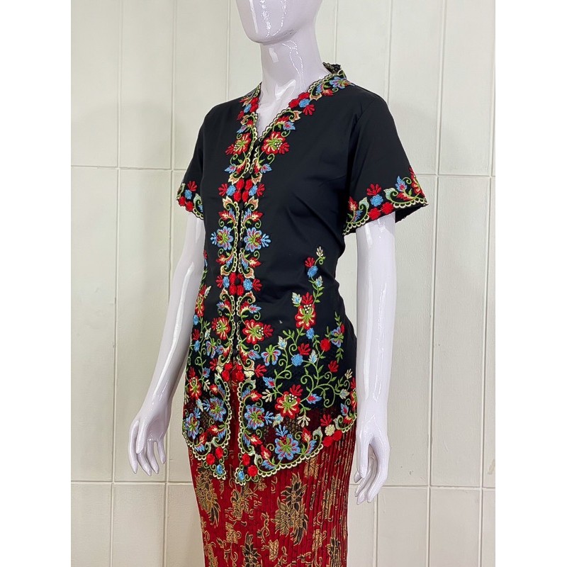 ESW01 - Daliyu KEBAYA ENCIM LENGAN PENDEK BORDIR WARNA Katun Stretch / S M L XL-Hitam