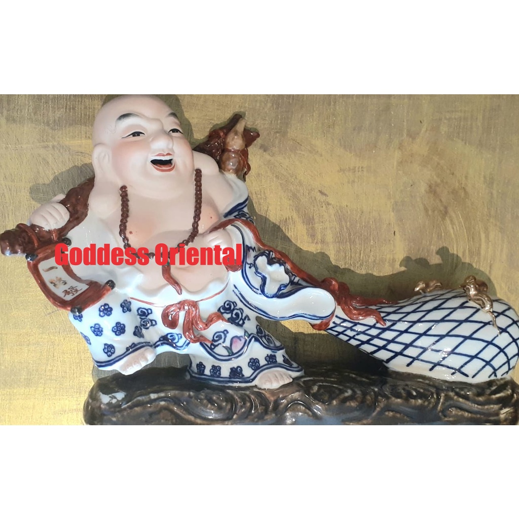 Keramik Import Buddha Mi Le Fo Maitreya Mi Lek Feng Shui Mendorong Karung Keberungtungan Harta dan R